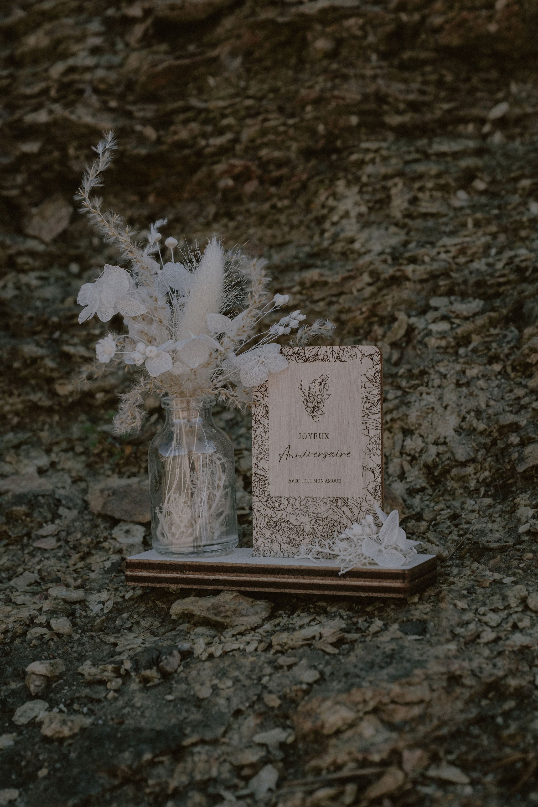 Carte personnalisée & bouquet séché – Latte Brume